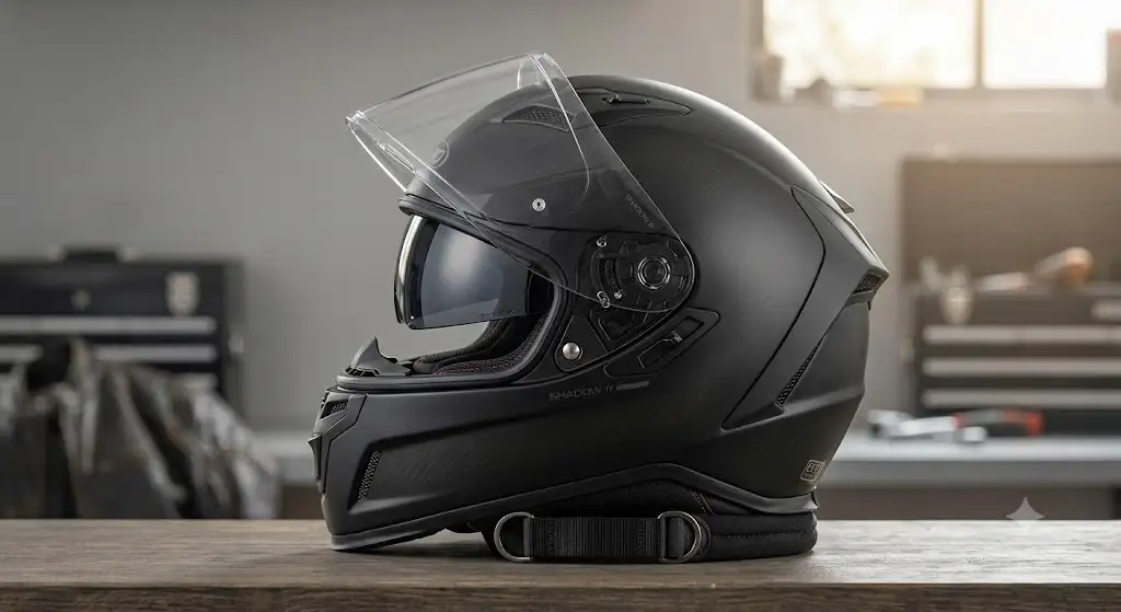 casque intégral pare-soleil intégré fumé rétractable en position ouverte vue de profil.
