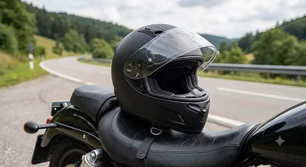 Casque fibre de verre moto intégral noir mat posé sur une selle pour motard sur route