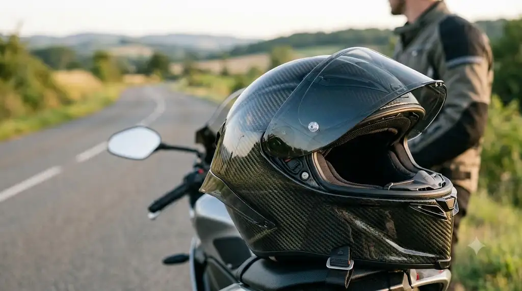 Casque moto intégral avec coque composite multi-fibres haute protection pour motard sur route. (casque coque composite multi-fibres)