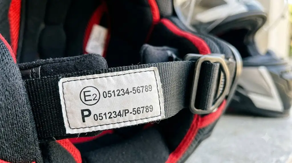 Étiquette d'homologation ECE avec lettre P cousue sur la jugulaire d'un casque moto. (casque homologation type p)