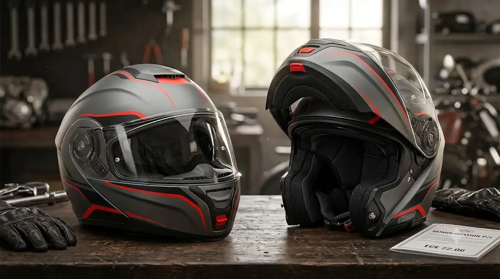 Casque moto modulable avec double homologation type P et J présenté en position ouverte et fermée. (casque homologation type pj)