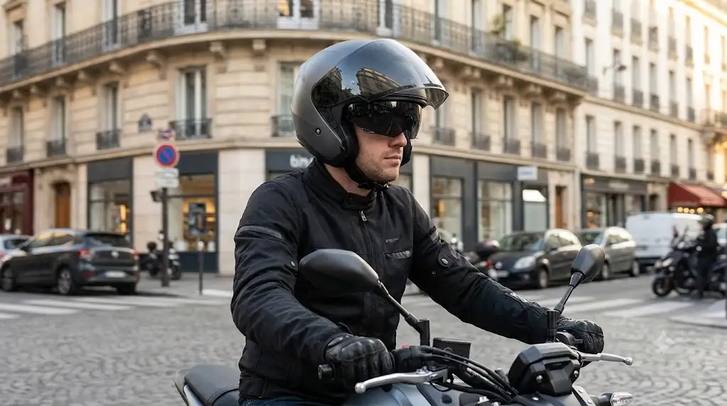 Casque jet pare-soleil intégré fumé pour motard circulant en ville.