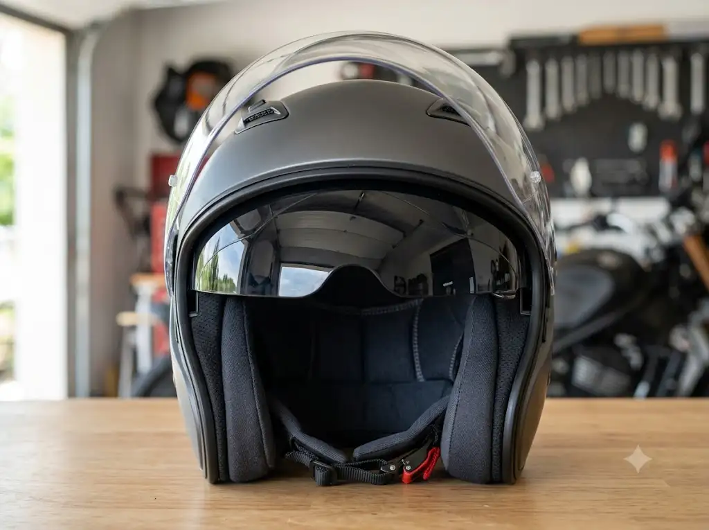 Casque jet moto avec visière solaire rétractable intégrée vue de face. (casque jet visière solaire rétractable)