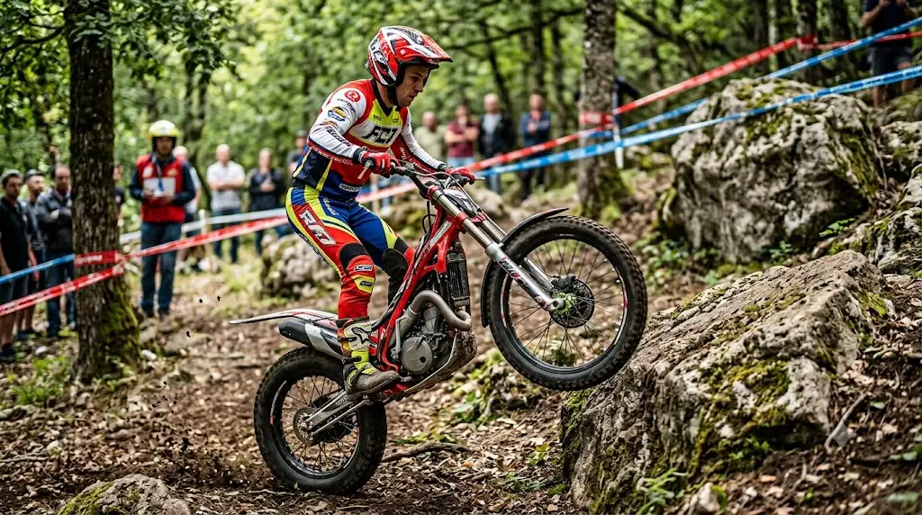Pilote équipé d'un casque de moto trial léger franchissant une zone d'obstacles rocheux en compétition. (casque trial moto)