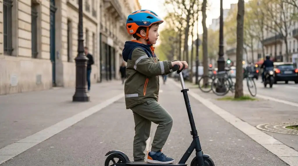 Jeune enfant portant un casque protecteur homologué pour faire du vélo et de la trottinette électrique en ville. (casque vélo trottinette électrique enfant)