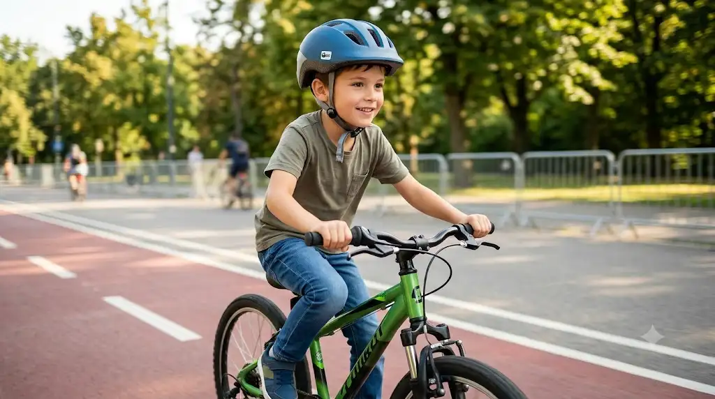 Jeune garçon portant un casque enfant 7-12 ans homologué roulant à vélo sur une piste cyclable.