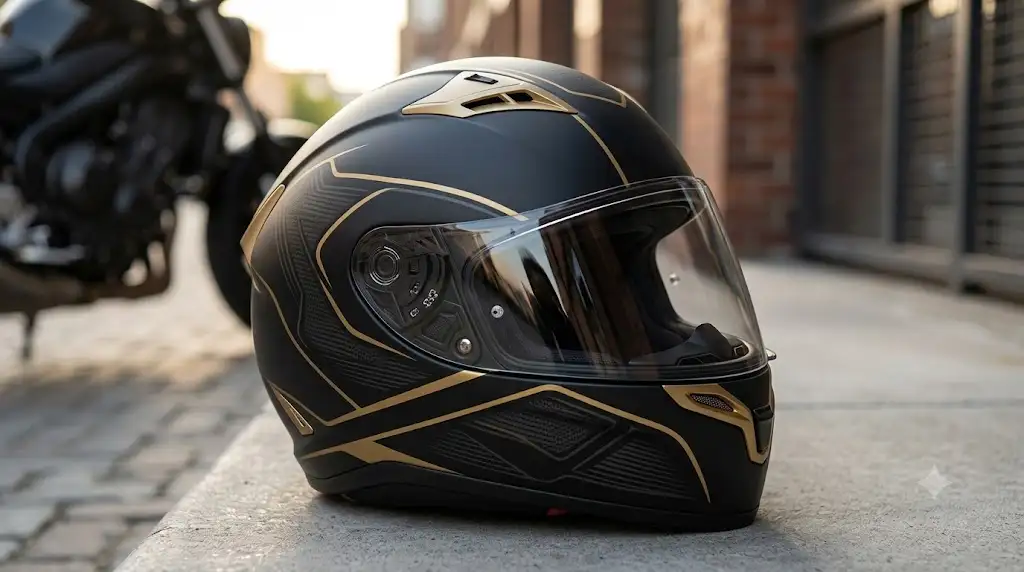 casque moto design femme intégral noir mat aux détails dorés élégants pour motarde urbaine.
