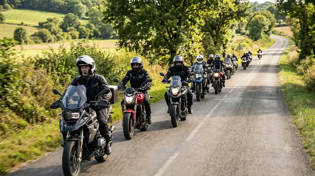 Groupe de motards roulant en formation sur une route de campagne équipés d'un intercom groupe moto pour communiquer en direct.