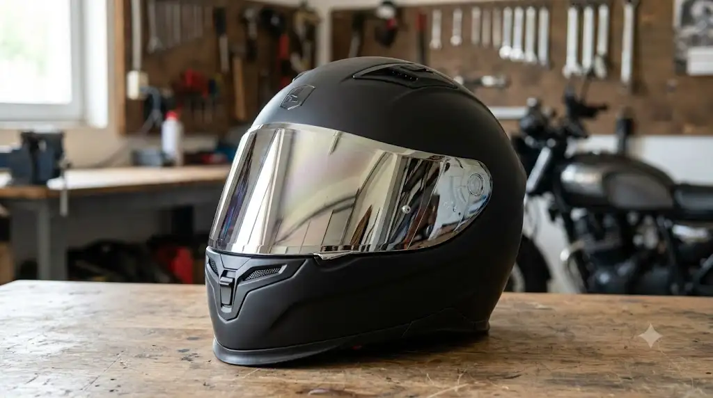 Casque moto intégral noir mat équipé d'une visière iridium argentée avec protection anti-UV. (visière iridium casque moto)