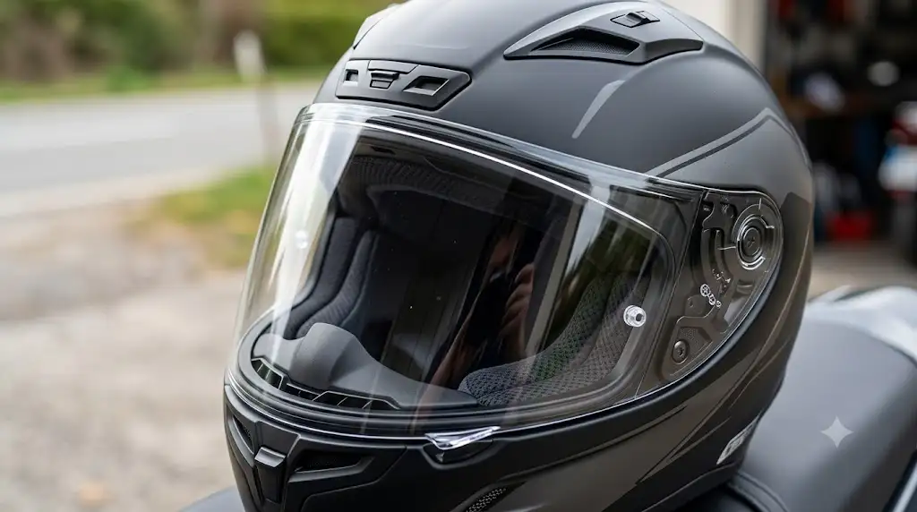 Visière anti-rayures incolore installée sur un casque de moto intégral pour une vision nette. (visière anti rayures casque moto)