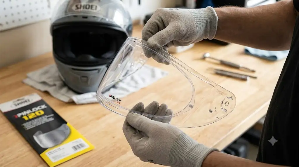 Installation d'une lentille antibuée Pinlock 120 sur la visière d'un casque moto Shoei. (pinlock par marque de casque)