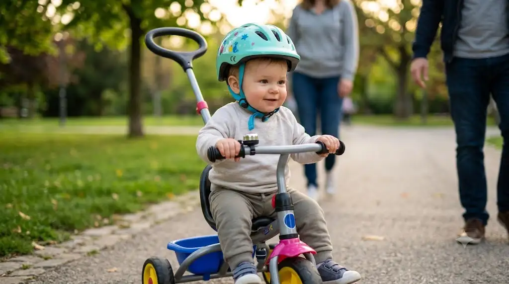 Bébé de 2 ans portant un casque de vélo premier âge homologué sur un tricycle. (casque enfant par âge)