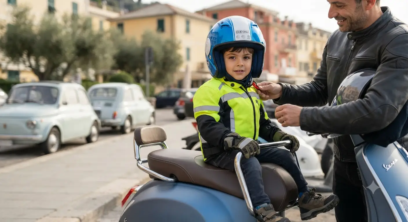 Bambino che indossa un casco da passeggero per scooter sicuro e omologato prima di salire in moto.