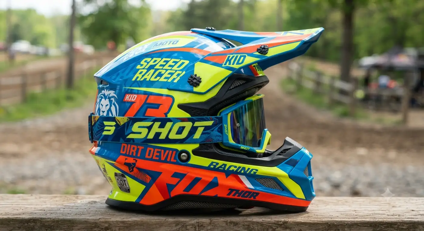 Casco cross bambino colorato visto di lato con design aggressivo e visiera regolabile