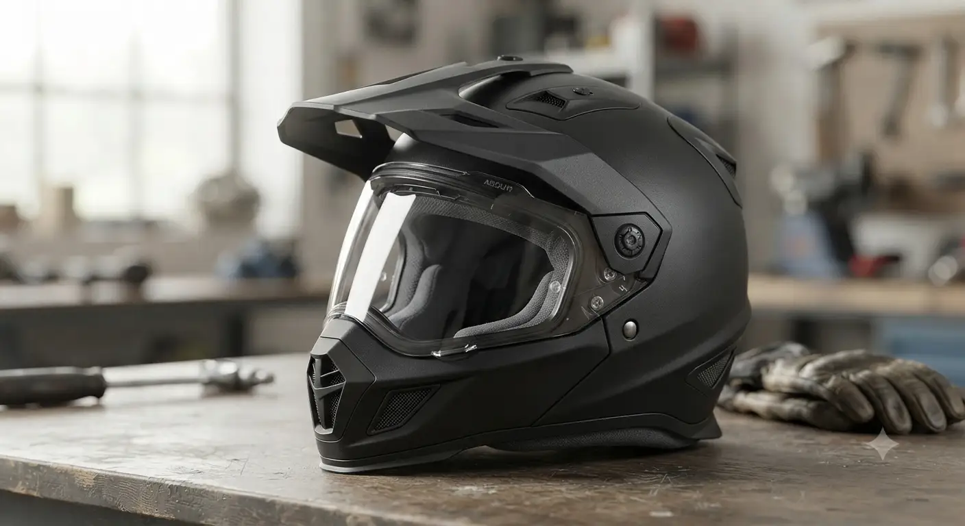 Casco enduro nero opaco con visiera e mentoniera protettiva ideale per fuoristrada