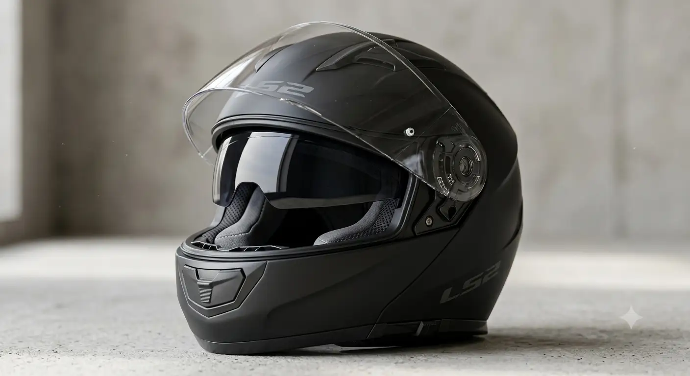 Casco modulare donna nero opaco con visiera parasole integrata in primo piano su sfondo neutro.