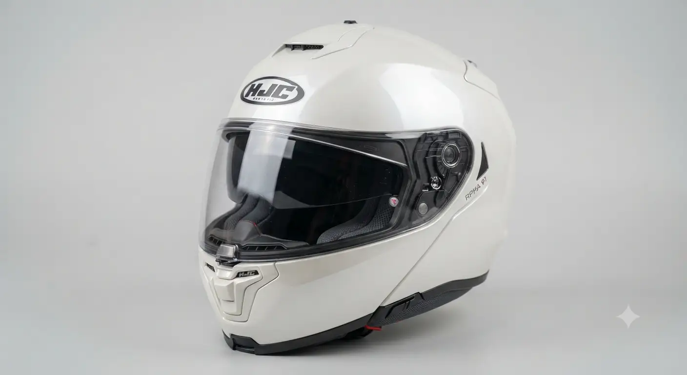 Casco modulare HJC di ultima generazione esposto su sfondo neutro, ideale per turismo e citta