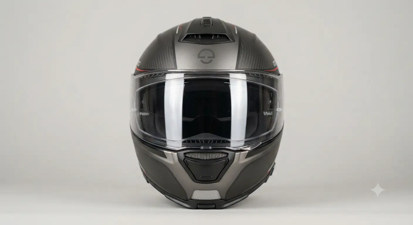 Casco modulare premium con prezzo superiore a 500 euro inquadrato frontalmente su sfondo neutro.