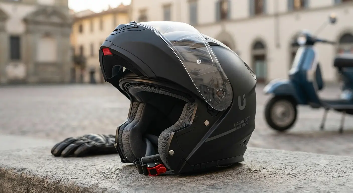 Casco modulare urbano di colore nero opaco con mentoniera sollevata per citta e scooter