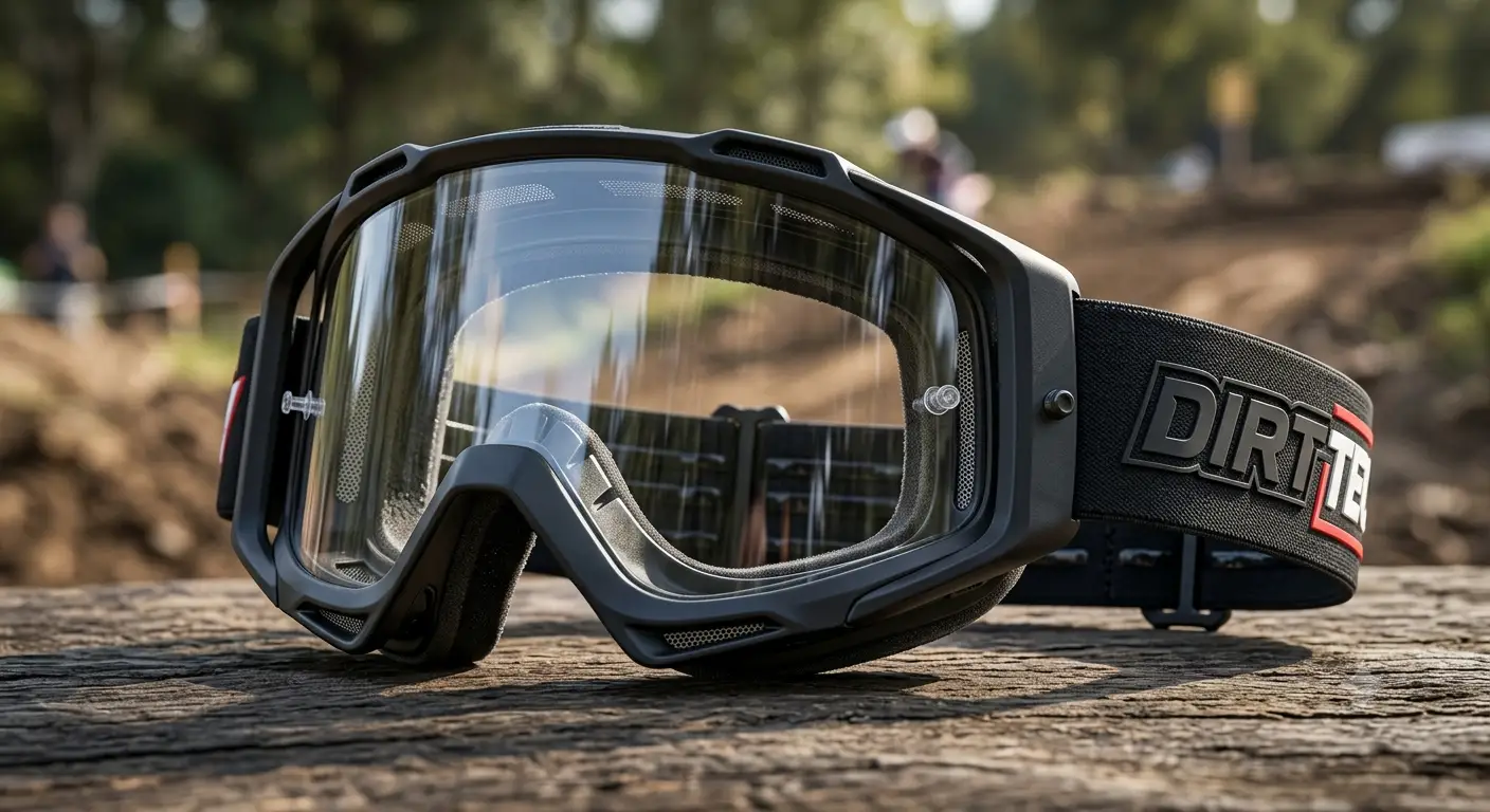 Paio di occhiali da motocross professionali con montatura ergonomica e lente trasparente.